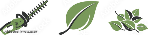 Gardening tools and leaves icon set for eco-friendly landscaping and maintenance