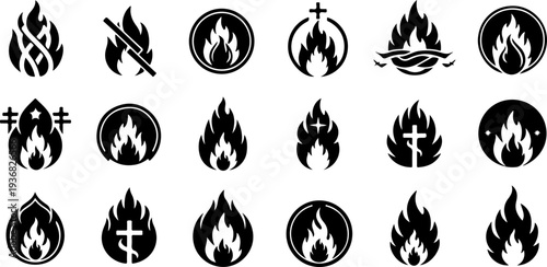 Occult Mystic Symbols and Sacred Flame Eye Black Vector Icon Set