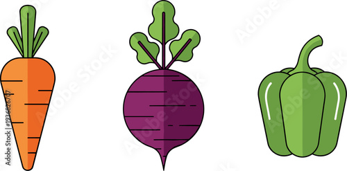 Flat design illustration of a carrot, beet, and bell pepper on a white background