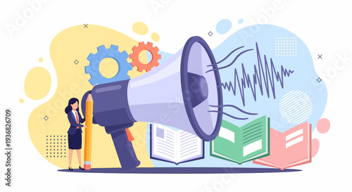 Man holding megaphone with sound wave.