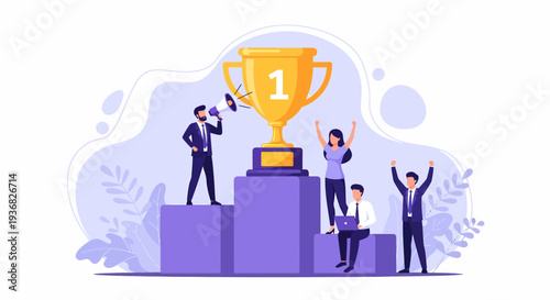 Business People Celebrating with Golden Trophy.