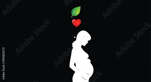 Pregnant woman silhouette vector illustration with green leaf and red heart