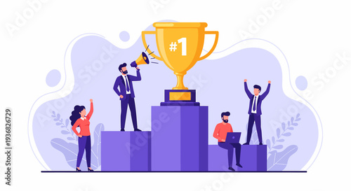 People Celebrating with Trophy on Podium.