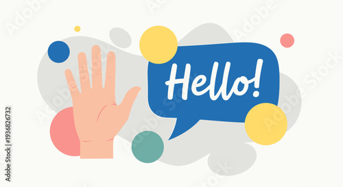Hand waving with hello speech bubble.