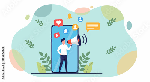 Man Standing Inside Smartphone Using Megaphone.