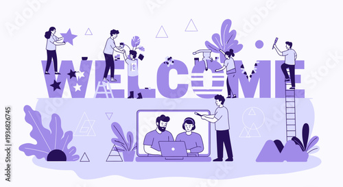 People Decorating Welcome Sign with Graphics.