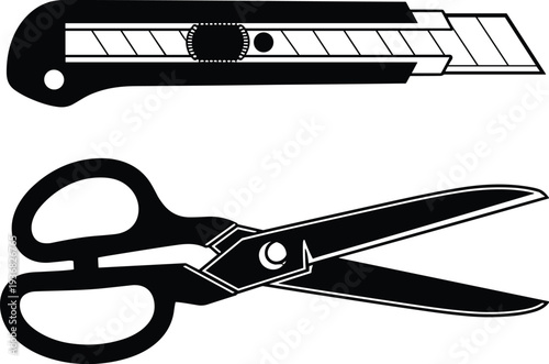Black and white cutting tools illustration showing utility knife with retractable blade and scissors for crafting, office work, construction tasks