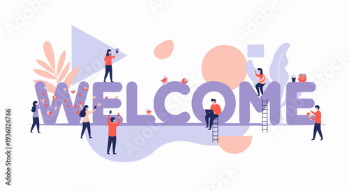 People Assembling Welcome Sign with Letters.