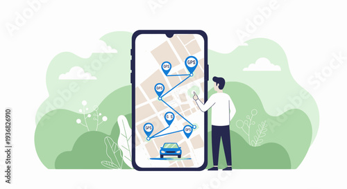 Man using smartphone with map application.