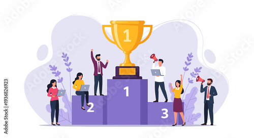 Trophy and Podium with Celebrating People.