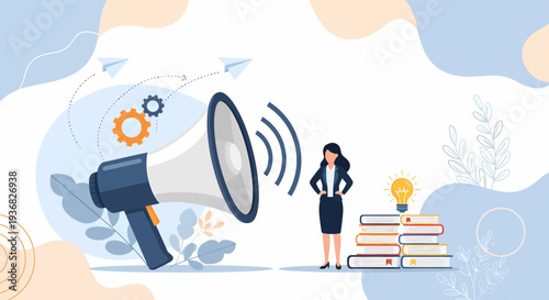 Woman Standing Near Megaphone and Books.