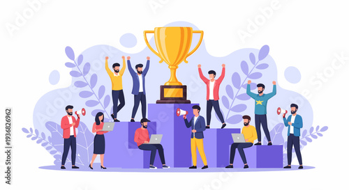 People Celebrating Victory with Golden Trophy.