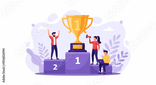 Trophy Winners Celebrating on Podium Steps.