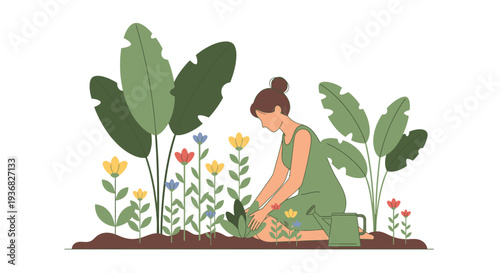 Woman Gardening with Flowers and Plants.