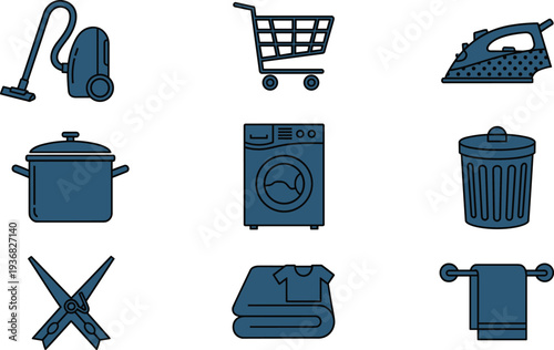 Household chores icons illustration showing vacuum cleaner, shopping cart, iron, cooking pot, washing machine, trash can, scissors, towels