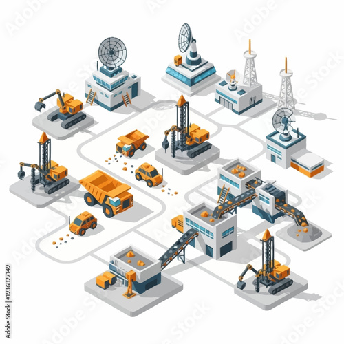 Isometric Mining and Industrial Complex with Connected Production Line.