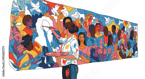 Vibrant Painting of Artist and People.