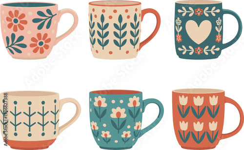 Creative coffee mug vector set, cute ceramic cups with floral patterns and hearts for cozy kitchen decor