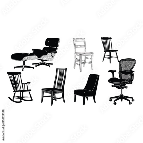 Collection of various black and white office chairs and furniture on white background isolated