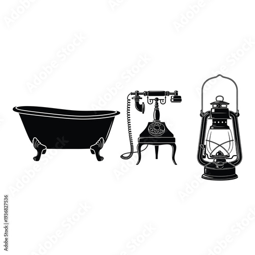 Vintage bathroom items including bathtub, phone, and lantern isolated on white background