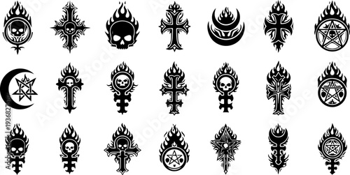 Occult Mystic Symbols and Sacred Flame Eye Black Vector Icon Set