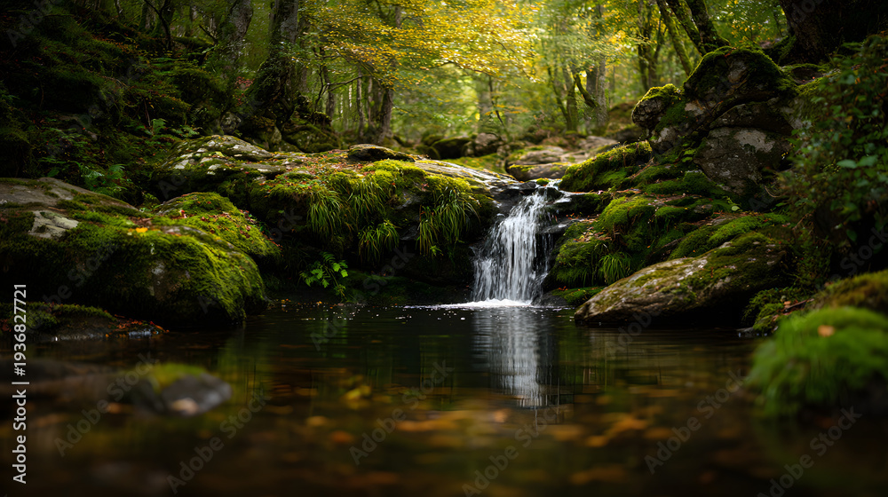 Fototapeta premium Mossy rocks waterfall in forest