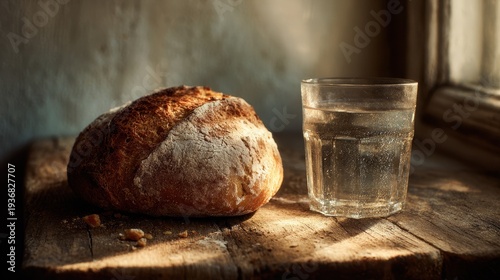 Simple bread and water arrangement with soft shadows and neutral backdrop