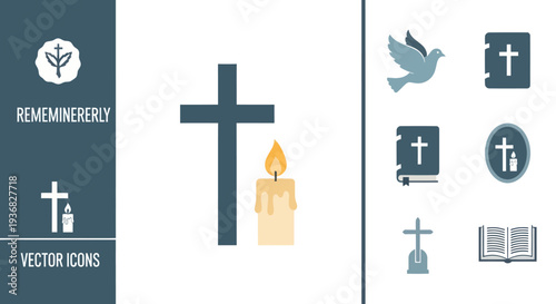 Christianity Cross, Candle, Dove, Bible Vector Icons Set