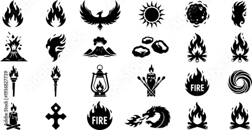 Occult Mystic Symbols and Sacred Flame Eye Black Vector Icon Set
