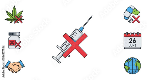 No Drugs Concept: Syringe Crossed Out, Anti-drug Icons, World Day Against Drugs