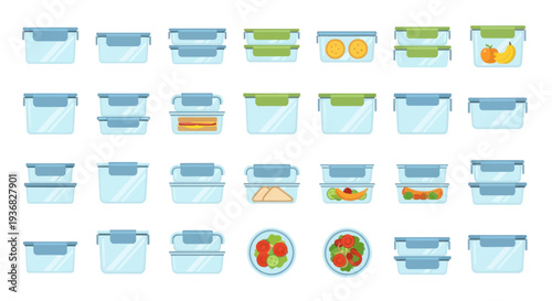 Collection of modern glass food containers with colorful lids, various sizes, for storage