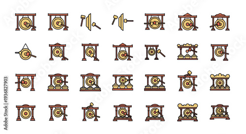 Gong Icon Set: Traditional Asian Musical Instruments Collection
