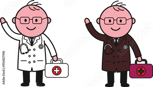 Cartoon doctor characters with stethoscope, medical bag, smiling gesture, healthcare professional icons for medical design and illustration projects.