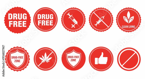 Drug Free Zone Icons: No Drugs, Clean Living, Healthy Lifestyle Symbols
