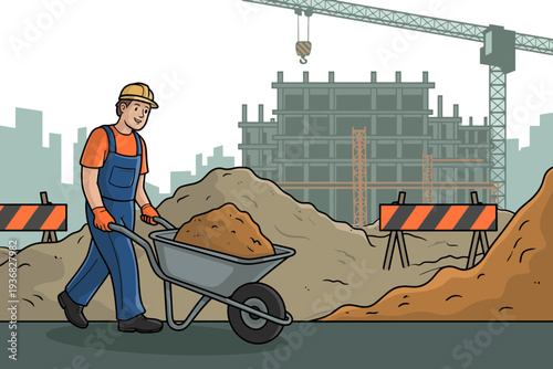 Construction worker pushing a wheelbarrow on a building site with a crane