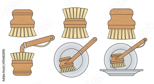 Set of kitchen dish brushes, cleaning tools, wooden handles, natural bristles, isolated on white