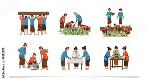 Traditional Farmers Working Together in Rural Village Scenes