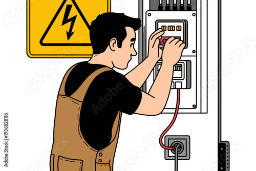 An electrician working on a circuit breaker in a residential setting