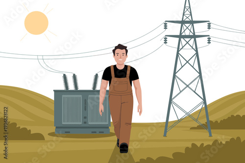 Electrician walking towards a power transformer in a rural setting