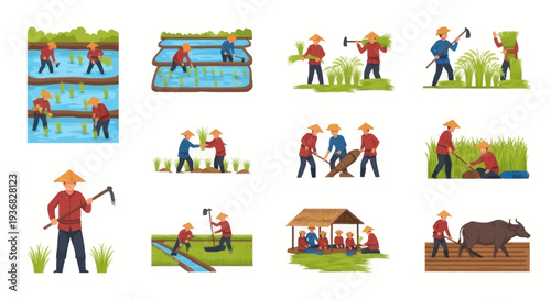 Asian Farmers Working in Rice Fields - Agriculture and Cultivation Scenes