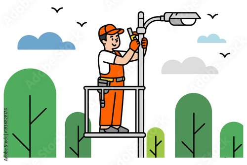 A worker in orange overalls installing a street light at night