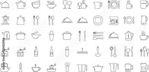 Kitchen and dining icons with teapots, cups, plates, cutlery, cooking pots, coffee makers, blenders, and utensils for culinary design.