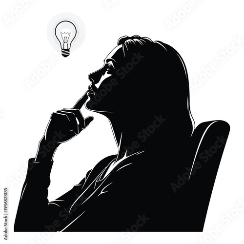 Woman thinking with lightbulb above her head isolated on white background