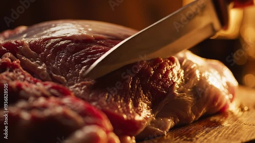 A sharp knife slicing through raw meat on a wooden surface in a warm kitchen environment from a close-up viewpoint