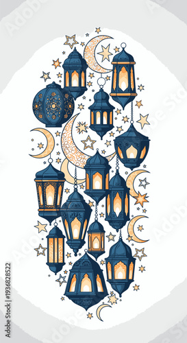 Blue Lanterns and Crescent Moon Symbols.
