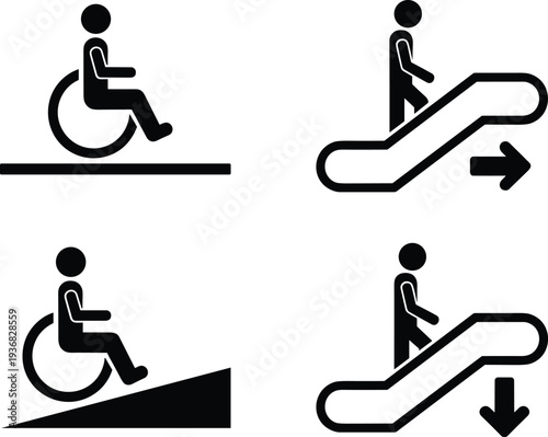 Accessibility icons with wheelchair ramp, flat path, escalator up and down symbols for public space guidance and design projects.
