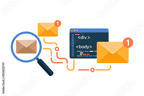Email icon vector illustration with coding and magnifying glass