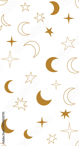 Golden Moon and Star Symbols Pattern.