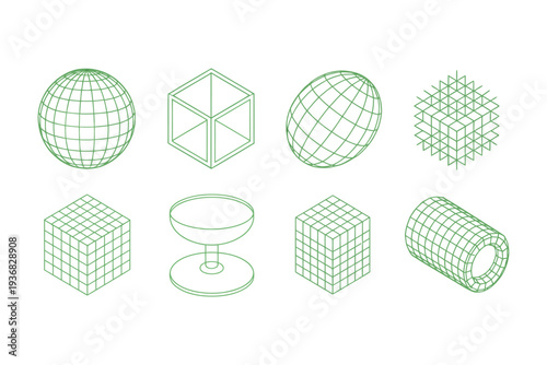Wireframe 3D geometric shapes vector illustration on black background