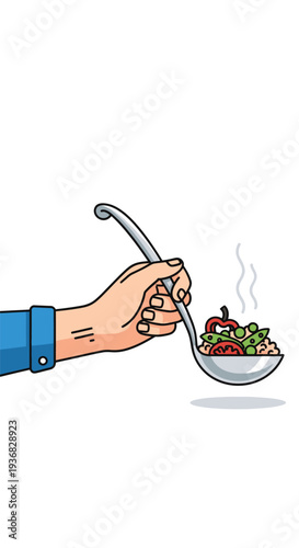 Hand holding spoon with steaming hot soup.